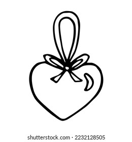 Hand drawn heart with ribbon toy  doodle vector illustration isolated on white background. Valentines day decoration