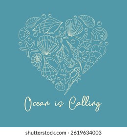 Hand drawn heart of sea elements with quote “Ocean is Calling” on blue background. Perfect for summer, travel, beach designs.