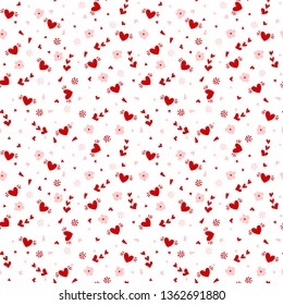 Hand drawn heart seamless pattern. Red and pink hearts, flowers, dots abstract background. Vector illustration. Use for print, paper, design, fabric, decor, gift wrap, backgrounds