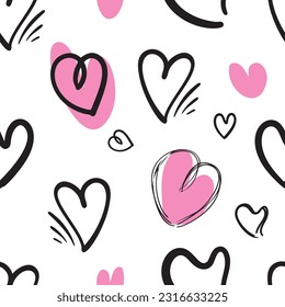 Hand Drawn Heart Seamless Pattern, Love Doodle Tile, Sketch Brush Hearts, Black White Valentine Background, Heart Seamless Vector Illustration