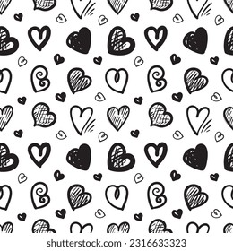 Hand Drawn Heart Seamless Pattern, Love Doodle Tile, Sketch Brush Hearts, Black White Valentine Background, Heart Seamless Vector Illustration
