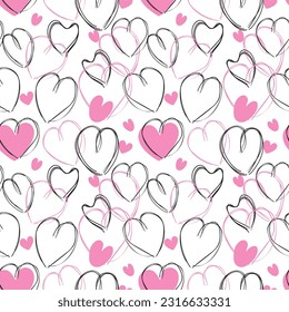 Hand Drawn Heart Seamless Pattern, Love Doodle Tile, Sketch Brush Hearts, Black White Valentine Background, Heart Seamless Vector Illustration