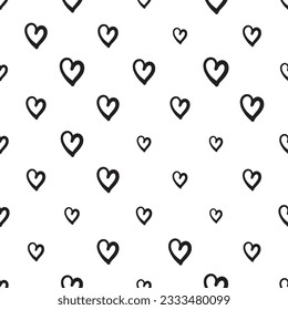 Hand Drawn Heart Seamless Pattern, Love Doodle Tile, Sketch Brush Hearts, Black White Valentine Background, Heart Seamless Vector Illustration