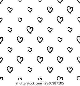 Hand Drawn Heart Seamless Pattern, Love Doodle Tile, Sketch Brush Hearts, Black White Valentine Background, Heart Seamless Vector Illustration