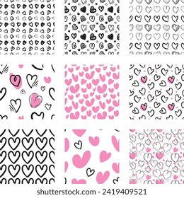 Hand Drawn Heart Seamless Pattern, Love Doodle Tile, Sketch Brush Hearts, Black White Valentine Background, Heart Seamless Vector Illustration