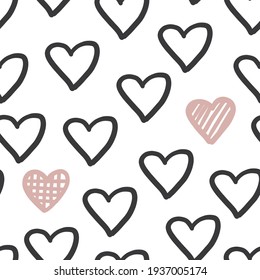 Hand drawn heart seapless pattern. Cute love romantic vector repeat print. Black and pink sweet trendy hearts ornament for textile