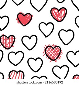 Hand drawn heart seapless pattern. Cute love romantic vector repeat print. Black and pink sweet trendy hearts ornament for textile