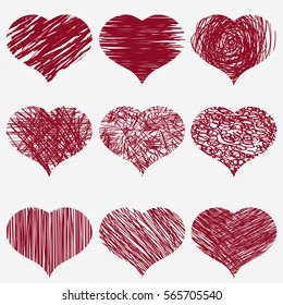 hand drawn heart set, a collection of doodle sketch hearts. design for Saint Valentine day. Vector