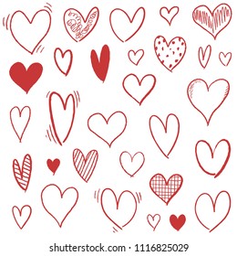Hand drawn heart set - doodle vector heart shapes.