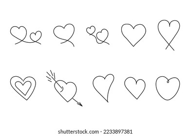 Hand drawn heart set. Doodle hearts isolated on white background. Vector illustration.
