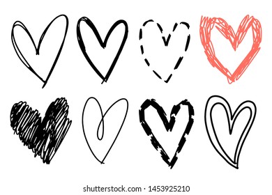 Hand drawn heart set. Rough marker hearts isolated on white background. Vector elements for graphic design.