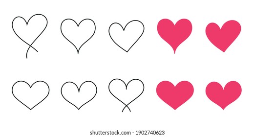 Corazones vectoriales. Doodles cardíacos. La mano atrajo los corazones puestos. Amo los elementos de diseño. Aislado sobre fondo blanco. Ilustración vectorial.