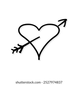 Handgezeichnete Herzform mit Pfeil, Symbol oder Symbol Herz im Doodle-Stil, Vektorgrafik eps 10
