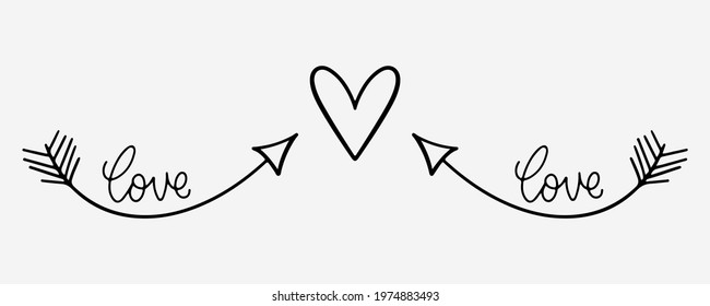 Hand drawn heart shape with arrows. Romantic doodle in sketch style. Love hand drawn doodle with arrows. Romantic sketch. Vector EPS 10