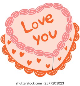 Hand drawn heart shape cake with hearts and 
inscription Love you. Cute girly illustration. Perfect for Valentines day, wedding invitation, birthday card.