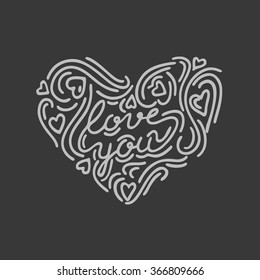 Hand drawn heart shape with chalk board lettering "Love you" in the center of composition is great for Valentine's Day card.