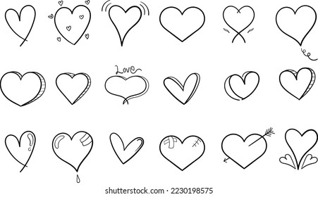hand drawn heart shape doodle vector. doodle heart illustration set. heart shape line art. isolated on white background