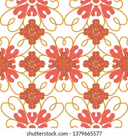 Hand drawn heart shape element geometric vector seamless repeat pattern. Moroccan style three color pattern in gold, pink and indigo blue.
