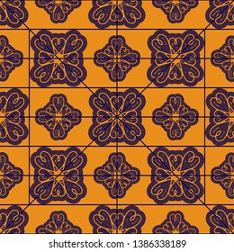 Hand drawn heart shape elements geometric vector seamless repeat pattern. Moroccan style two color pattern in gold and indigo blue. Monochromatic pattern elements on colored background.
