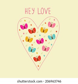 Hand drawn heart shape filled of bright butterflies and leaves. Concept cute card. 