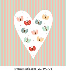 Hand drawn heart shape filled of bright butterflies and dots on striped background. Concept vintage card. 