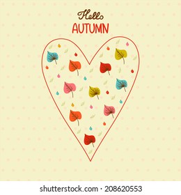 Hand drawn heart shape filled of bright leaves. Concept cute card in autumn colors. 