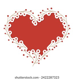 forma de corazón dibujada a mano hecha de ramas diminutas con bayas rojas romántico vector de corte central sobre fondo rojo