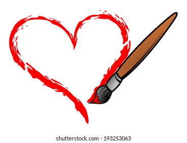 Hand drawn heart shape with red color brush on paper. Vector art image illustration, isolated on white background