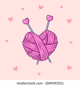 Hand drawn heart shape skein of yarn with knitting needles in doodle style on pink background with hearts