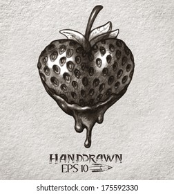Hand drawn heart shape strawberry in chocolate - vector illustration.