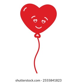 Hand drawn heart shaped balloon on rope with smiley. St Valentines Day greeting design element idea