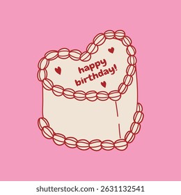 Hand drawn heart shaped cake. Line art sweet pastry food. Whimsical doodle dessert illustration. Coquette bakery item. Ideal for wedding, anniversary, valentine day. Vector graphic.