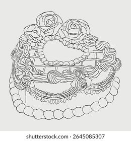 Hand drawn heart shaped cake outline illustration. Vintage cake   for birthday, wedding, or valentine day design element. Cake illustration. Food illustration.