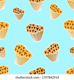 hand drawn heart shaped cupcake with chocolate chip, doodle sketch with white outline. Vector seamless pattern on a white background.
