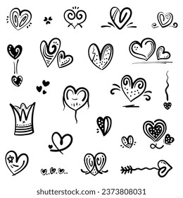 Hand drawn heart shaped doodle line style, in vector illustration