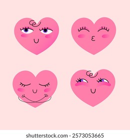 Hand drawn heart shaped faces with emotions