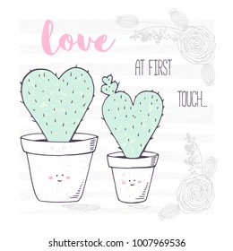 Hand drawn heart shaped family of cactuses with a baby. Valentines day greeting card with floral ornament. Vector illustration.