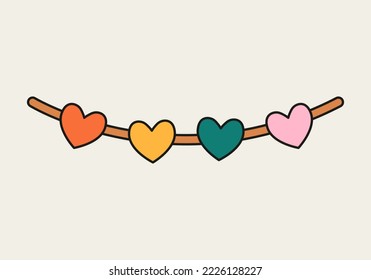 Banderas en forma de corazón dibujadas a mano para el día de San Valentín, cumpleaños, decoración de aniversario. Papel de doodle colorido en la garganta. Ilustración vectorial de la agrupación de festivales. Elemento divisor del diario de viñetas