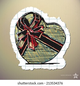 Hand drawn heart shaped gift box. Isolated