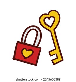 Hand drawn heart shaped padlock and key. Valentine design concept vector. Eps 10.