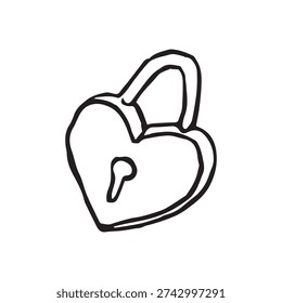 Hand drawn heart shaped padlock sketch, vintage love lock with keyhole and shackle, romantic security symbol, line art black ink isolated on white background
