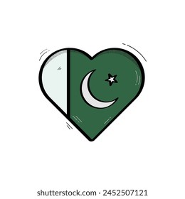 Hand Drawn Heart Shaped Pakistan Flag Icon Vector Design.