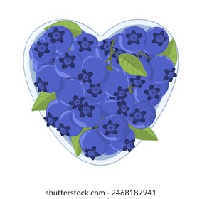 Hand drawn heart shaped plate with blueberries and green leaves on a white background