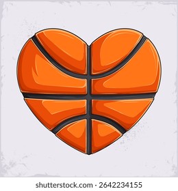 Hand drawn heart shaped professional realistic orange basketball ball with black lines, expressing love and passion to the game