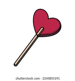 Hand drawn heart shaped sweet lollipop hard candy on a stick vector illustration. Cute romantic Valentines day doodle isolated on white.