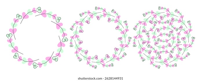 Hand drawn heart shaped twigs on heart shaped spots Confetti shades Circle Frames and Background Set