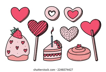 Hand drawn heart shaped valentines set of romantic sweets vector illustration. Cute cupcake, cookies, lollipop, cinnamon roll doodles collection for anniversary and wedding.