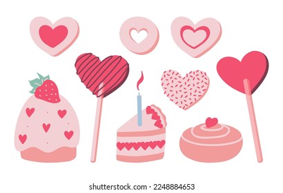 Hand drawn heart shaped valentines set of romantic sweets vector illustration. Cute cupcake, cookies, lollipop, cinnamon roll doodles collection for anniversary and wedding.