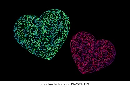 Hand drawn heart shapes. Bright colored tracery on black background. Vector illustration