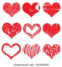 Hand drawn heart shapes, icons in red color for valentines and wedding. Painted collection of grunge vector hearts wedding. Made of chalk and watercolour.